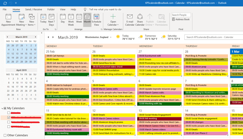 Stratégie de marketing des médias sociaux; Capture d'écran de notre calendrier Outlook pour montrer comment nous planifions chaque action de mise en œuvre pour nous assurer qu'elle est effectuée.