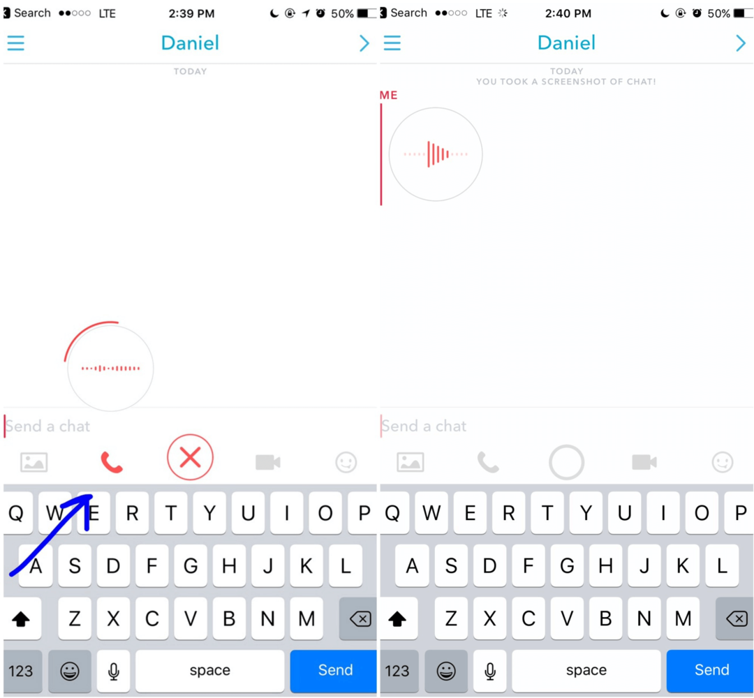 Dans Snapchat, maintenez l'icône du téléphone enfoncée pour enregistrer un message vocal que votre client verra la prochaine fois qu'il se connectera.
