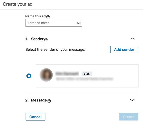 Comment créer une annonce InMail sponsorisée basée sur des objectifs LinkedIn, étape 3, définir le nom de l'annonce et l'expéditeur