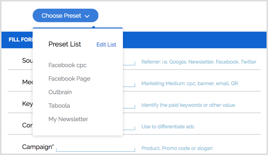 Paramètres prédéfinis de l'extension Google URL Builder Chrome