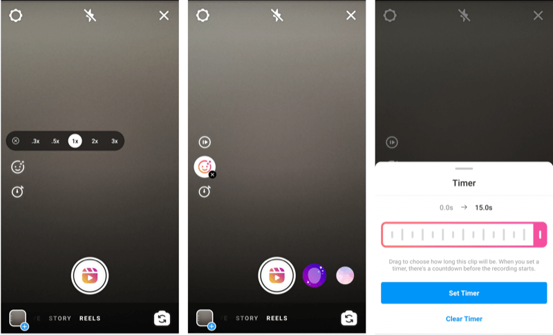 captures d'écran montrant l'option et les paramètres de la minuterie des bobines instagram 