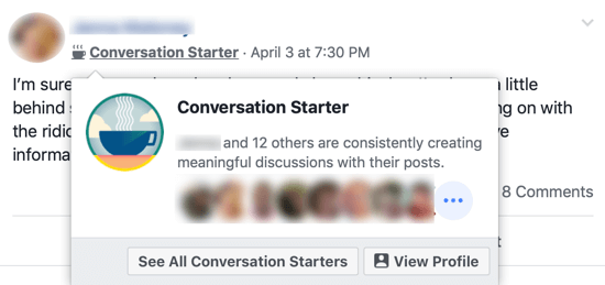 Comment améliorer votre communauté de groupe Facebook, exemple du badge de groupe Facebook 'Conversation Starter' à côté du nom des membres du groupe et la fenêtre contextuelle identifiant les autres membres du groupe qui partagent ce badge