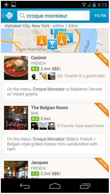 recherche dans le menu Foursquare