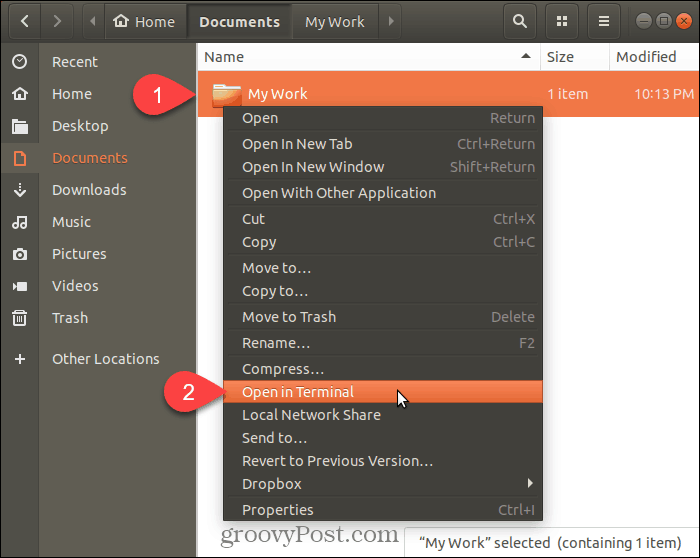 Sélectionnez Ouvrir dans le terminal sous Ubuntu Linux