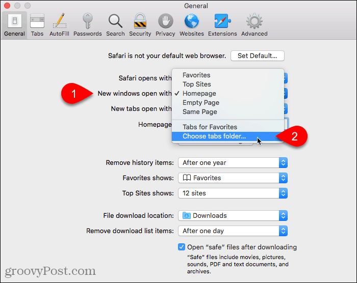 Sélectionnez le dossier Choisir les onglets pour les nouvelles fenêtres ouvertes avec les paramètres dans Safari sur Mac