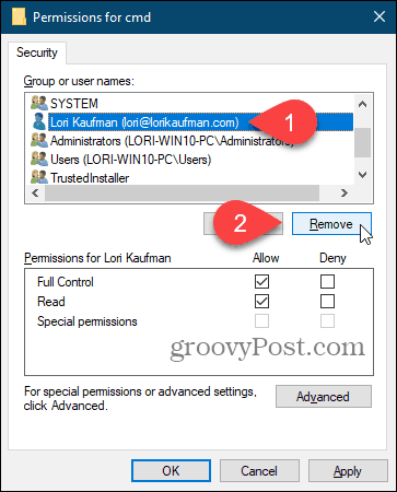 Supprimer un utilisateur dans la boîte de dialogue Autorisations du registre Windows