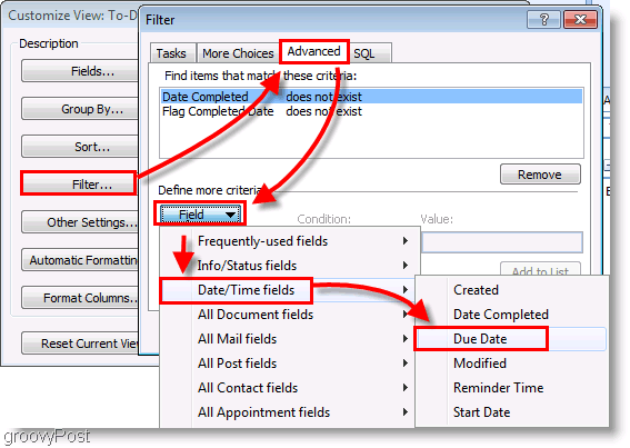 Capture d'écran: filtre de configuration de la barre des tâches d'Outlook 2007