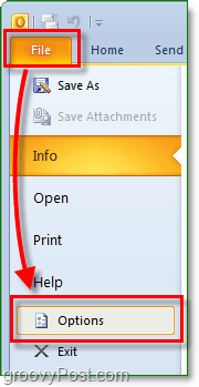 dans Microsoft Outlook 2010, cliquez sur le ruban de fichier pour entrer en toile de fond, puis cliquez sur le bouton Options