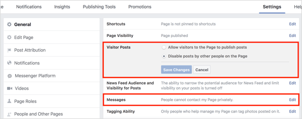 Dans l'onglet Général des paramètres de votre page Facebook, modifiez les paramètres Messages et messages des visiteurs.