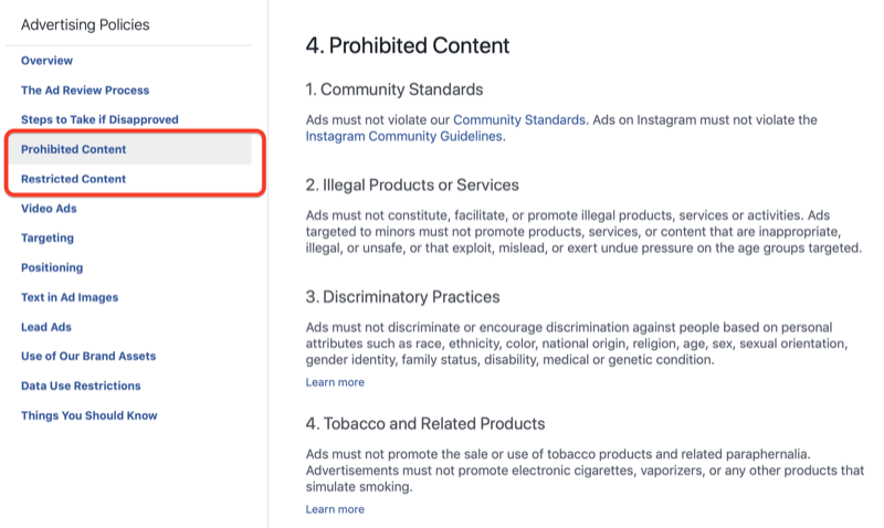 Section Contenu interdit des politiques de publicité Facebook