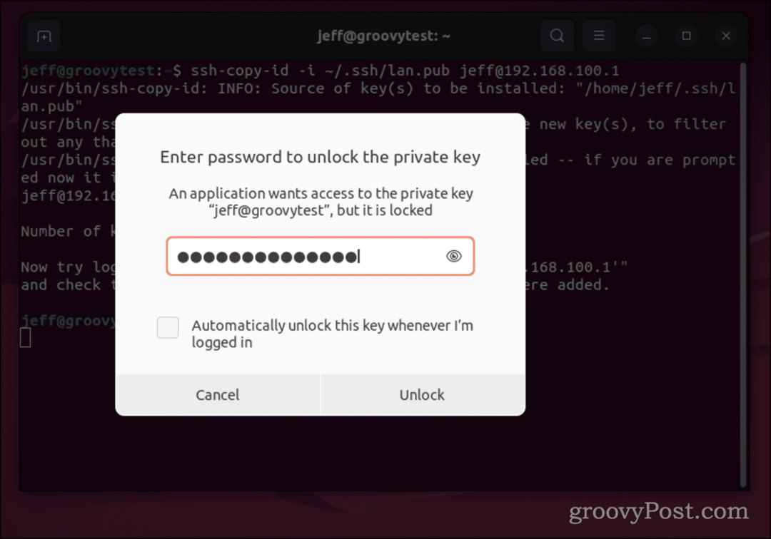 Boîte de dialogue de mot de passe Ubuntu pour la clé SSH