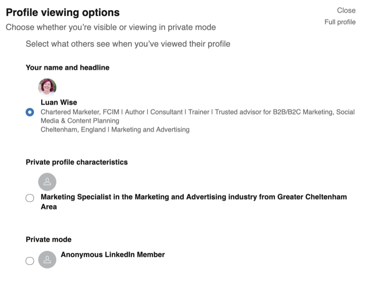 Options d'affichage du profil dans les paramètres de confidentialité de LinkedIn