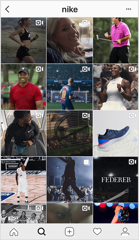 Les publications Instagram de Nike présentent une grille d'athlètes portant des équipements Nike, mais peu d'images dans le flux contiennent du texte.