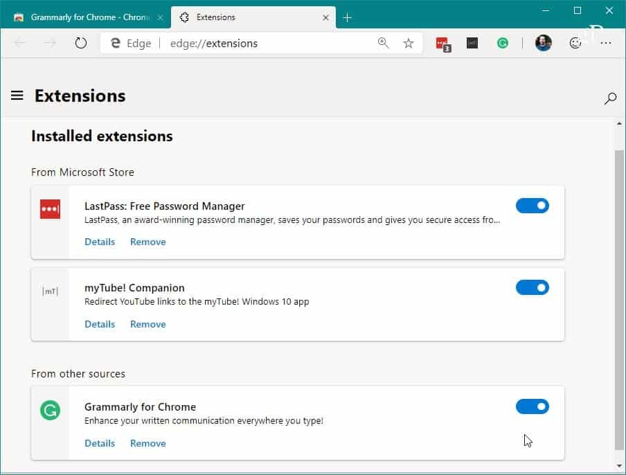 Extensions installées Chromium Edge