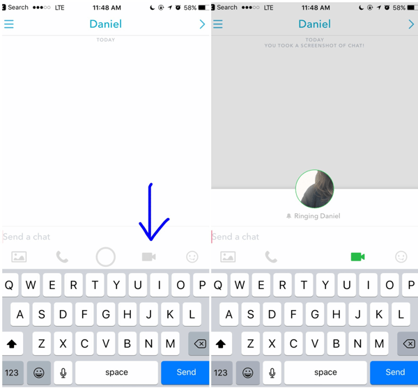 Pour passer un appel vidéo Snapchat, appuyez sur l'icône vidéo dans votre conversation ouverte avec un client.