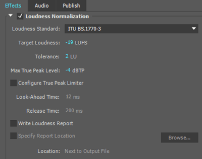 J'utilise ces paramètres de normalisation du volume lors de l'exportation de mon fichier audio dans Adobe Premiere.