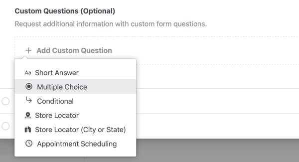 Options de paramétrage du type de question pour une campagne publicitaire Facebook.