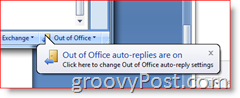 Coin inférieur droit d'Outlook 2007 - Rappel d'activation des réponses automatiques d'absence du bureau