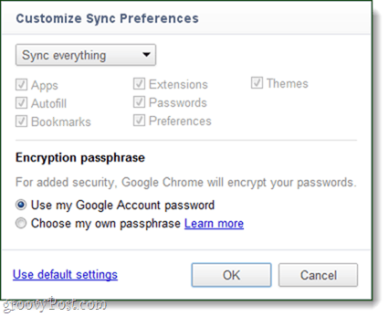 préférences de synchronisation Chrome