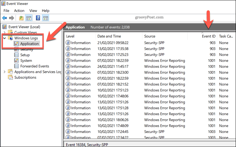 Une liste des journaux des applications Windows dans l'Observateur d'événements