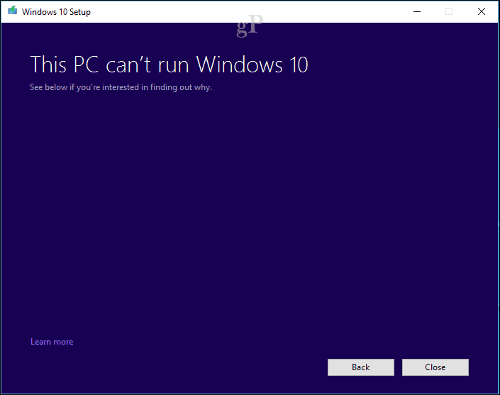 configuration de Windows 10 - Le PC ne peut pas exécuter Windows 10