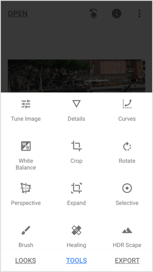 Menu des outils Snapseed.
