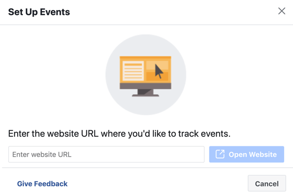 Utilisez l'outil de configuration de l'événement Facebook, étape 3, entrez l'URL du site Web pour installer l'événement pixel
