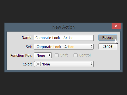 nouvelle boîte de dialogue d'action Photoshop ensemble de noms touche de fonction enregistrement de couleur action modifier par lots