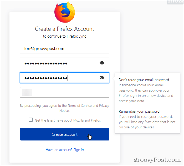 Créez un compte Firefox Sync