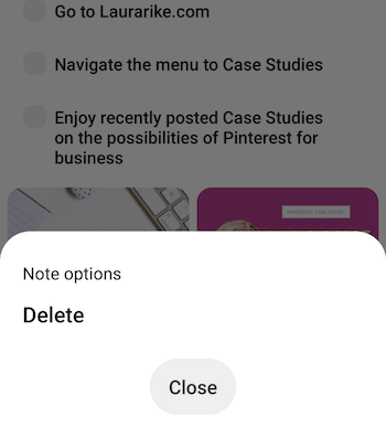 capture d'écran de l'option de menu de note de tableau pinterest pour supprimer la note