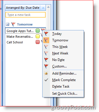 Barre des tâches d'Outlook 2007 - Indicateur de clic droit pour le menu Options