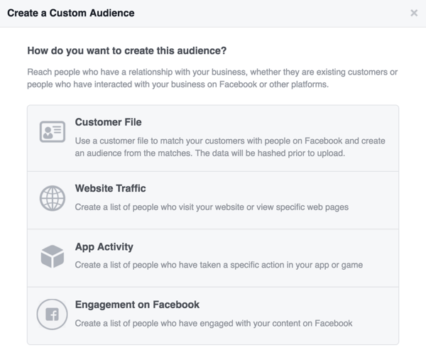 Choisissez la source que vous souhaitez utiliser pour votre audience personnalisée Facebook.