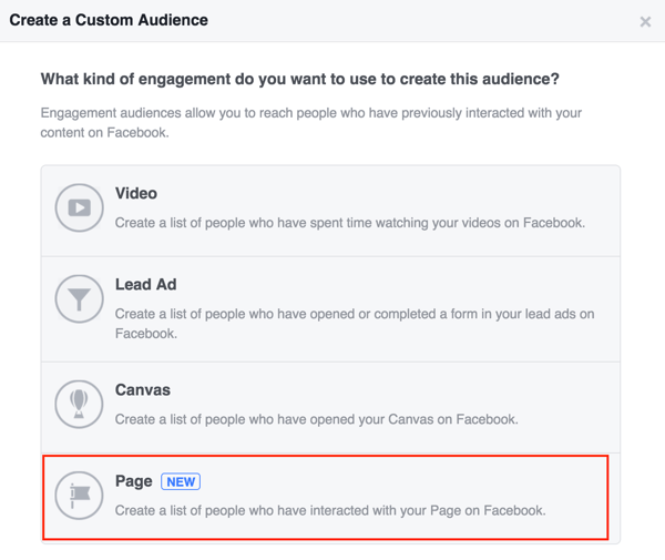 Choisissez Page pour créer votre audience personnalisée Facebook.