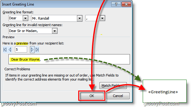 Capture d'écran d'Outlook 2010 - laissez les options de ligne de salutation par défaut et cliquez sur OK, un aperçu s'affiche également
