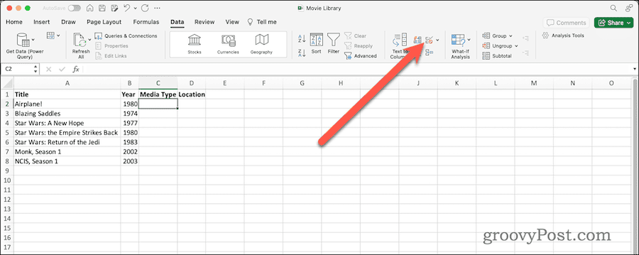 Bouton de validation des données dans le ruban de données dans Excel