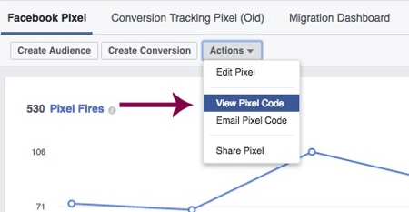 Cliquez sur Afficher le code pixel pour accéder à votre pixel Facebook unique.