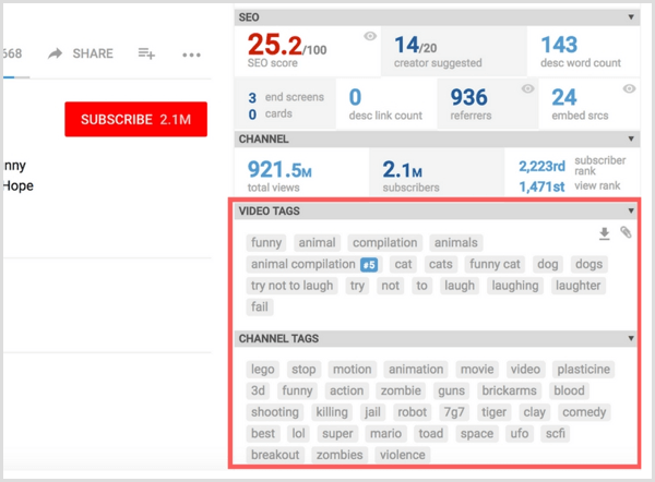 VidIQ montre des balises vidéo et de chaîne SEO.