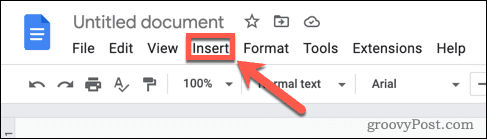 Le menu Insertion dans Google Docs