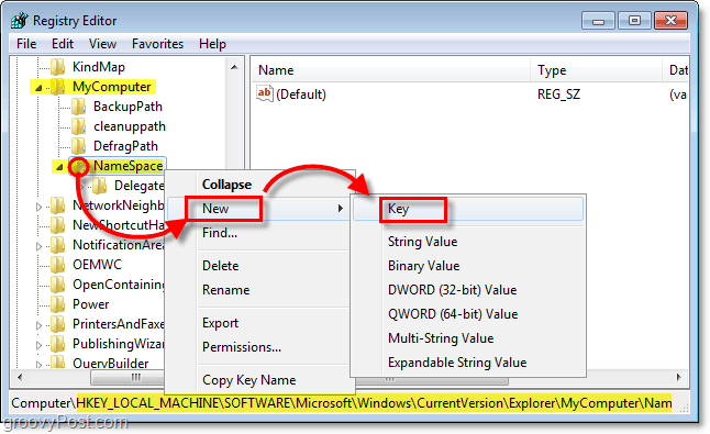 ajouter une nouvelle sous-clé à la clé NameSpace dans Windows 7