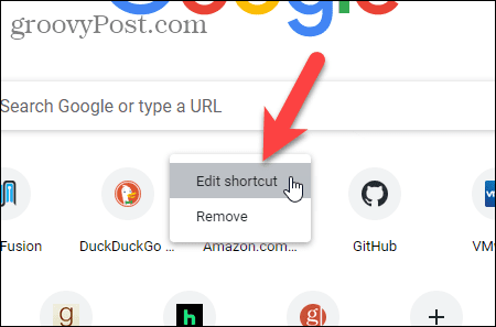 Sélectionnez Modifier le raccourci sur la page Chrome Nouvel onglet