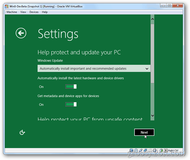 Paramètres et mise à jour de VirtualBox Windows 8