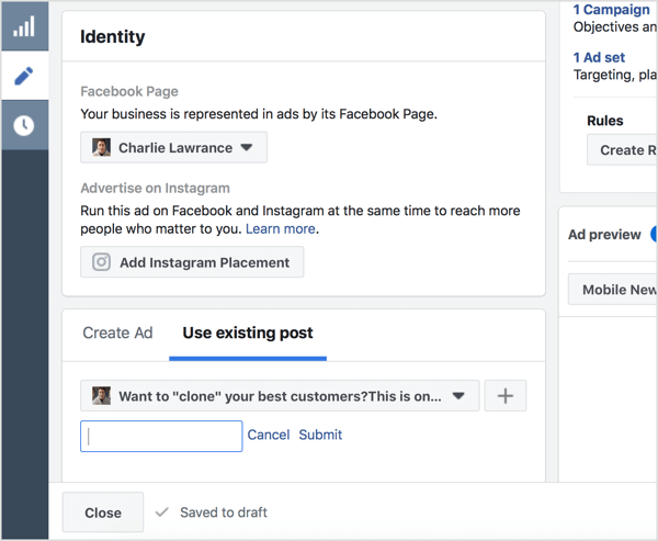 Sélectionnez Utiliser la publication existante et saisissez l'ID de publication Facebook.