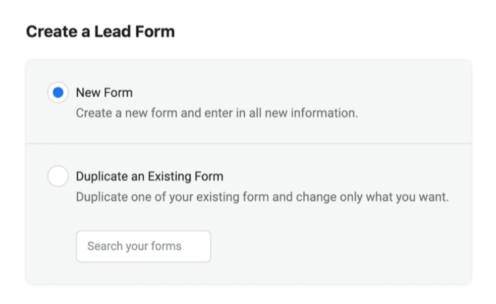 Les publicités de plomb Facebook créent un nouveau formulaire de prospect avec la nouvelle option de formulaire sélectionnée