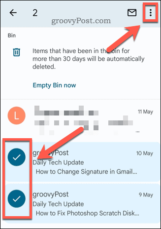 Sélection d'e-mails dans la corbeille de Gmail