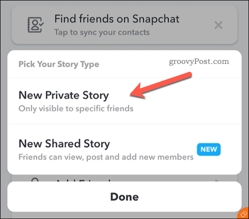 Créer une nouvelle histoire privée Snapchat