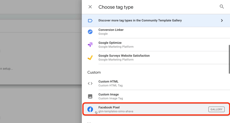 exemple google tag manager nouvelle balise avec le menu de sélection du type de balise et l'option pixel facebook en surbrillance sous la section personnalisée