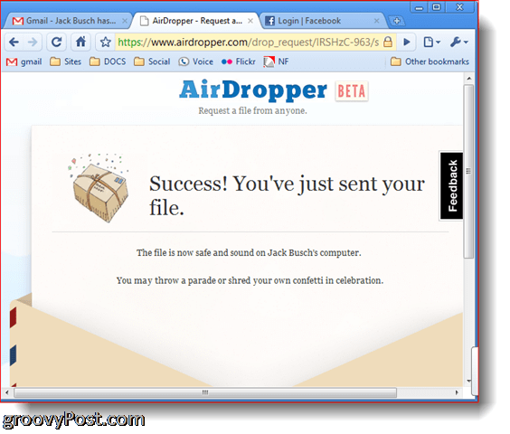 Fichier de réussite de capture d'écran photo Dropbox Airdropper envoyé