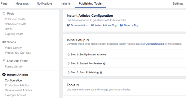outils de publication facebook articles instantanés