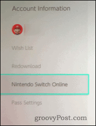Informations sur le compte Nintendo Switch