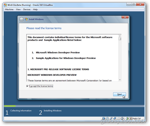 VirtualBox Windows 8 eula accepte la licence